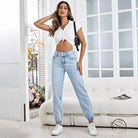 Light wash blue drooping loose denim pants with high waist and cuffs