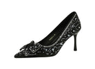 Elegant black satin Langry fashion stiletto pump with rhinestone bow