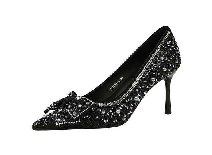 Elegant black satin Langry fashion stiletto pump with rhinestone bow