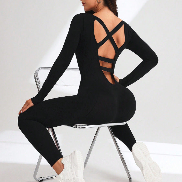 Black langry fashion ملابس: crisscross back yoga bodysuit