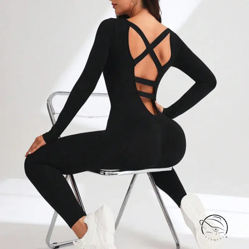 Black langry fashion ملابس: crisscross back yoga bodysuit