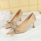 Light luxury langry fashion beige satin stiletto heels with bow rhinestone details