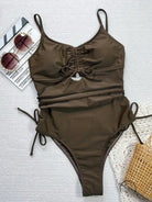 Brown cutout strap one-piece swimsuit with olive-brown ruched sides