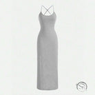 Gray sling bare hip dress with form-fitting spaghetti straps