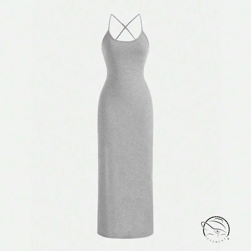 Gray sling bare hip dress with form-fitting spaghetti straps