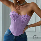 Lavender low cut satin butterfly tube top corset with embroidery