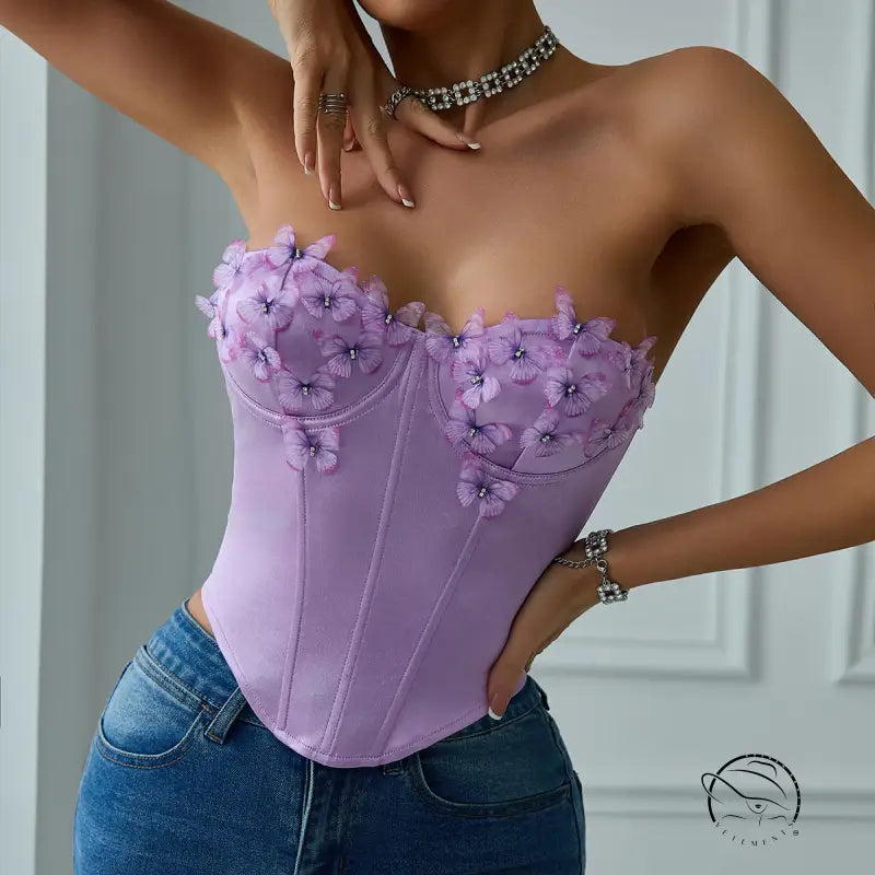 Lavender low cut satin butterfly tube top corset with embroidery