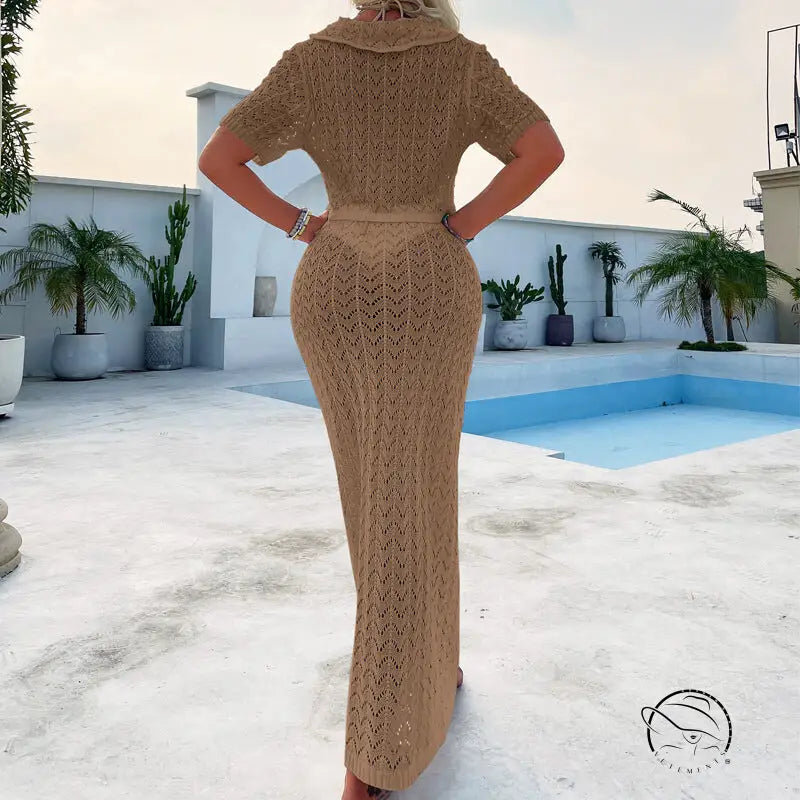 Beige long-sleeved knit maxi dress in attractive shirt and maxi skirt sets