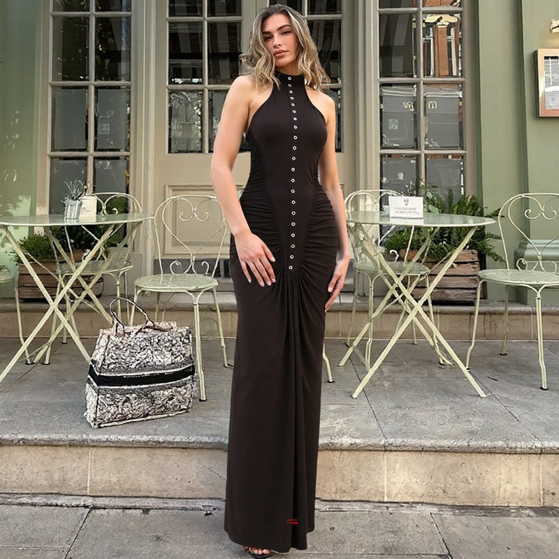Langry black halter neck maxi dress with front button detail, fashion ملابس