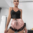 Langry fashion ملابس: black satin lace trim pink shorts pajama set