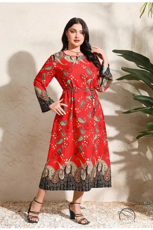 Ethnic Loose Maxi Dress Cashew Printed Long Sleeve