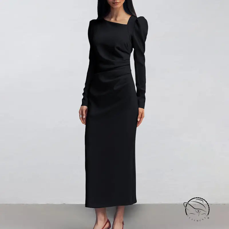 Elegant puff sleeve tight split black long-sleeved midi dress