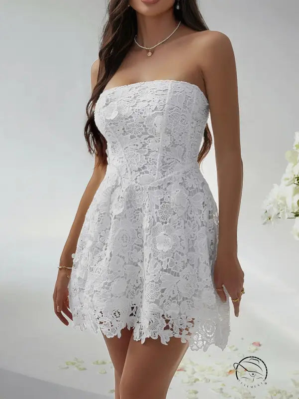 White strapless lace beautiful short dress evening gown