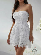 White strapless lace beautiful short dress evening gown