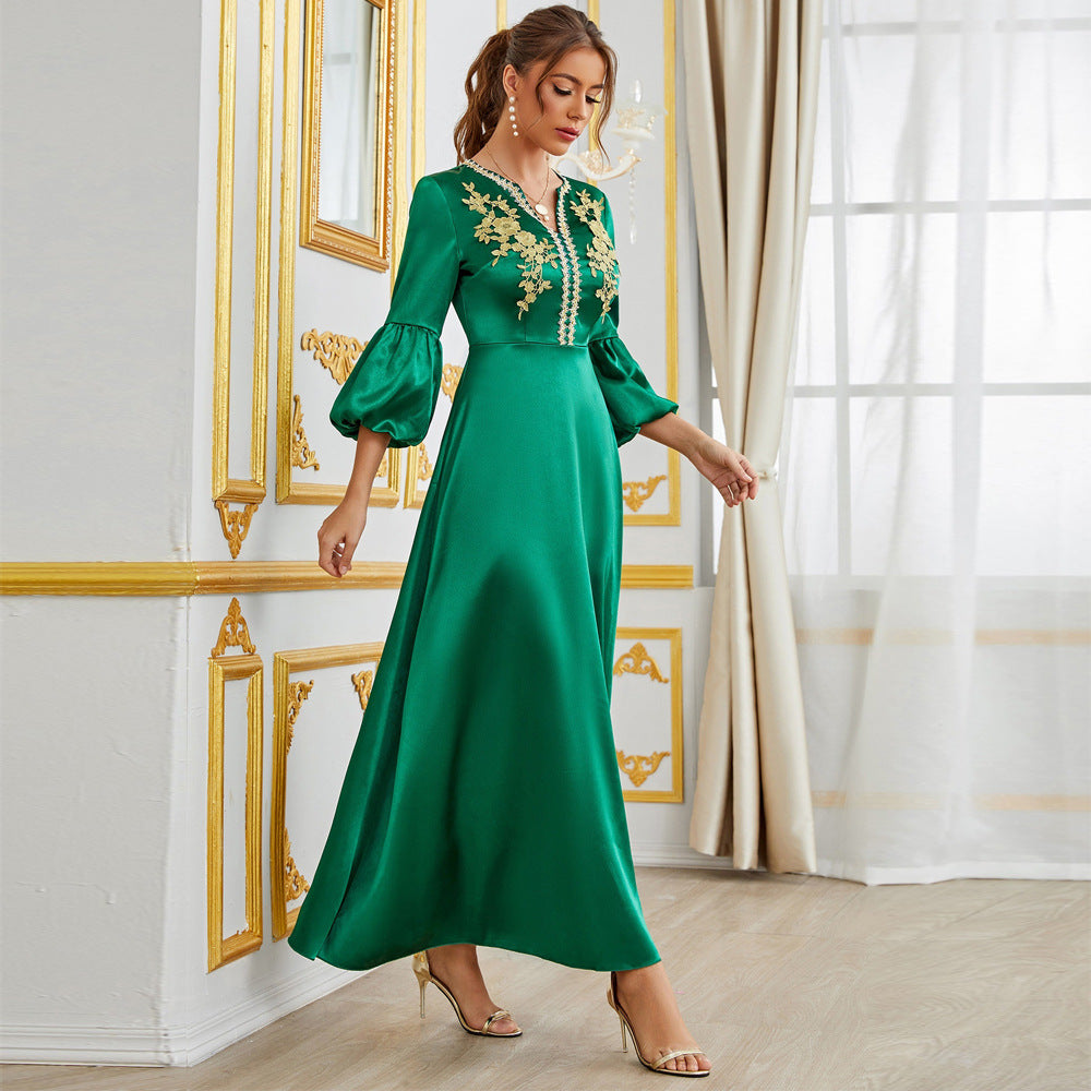 Green Langry embroidered satin fashion dress with bell sleeves