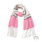 Cozy warm wool scarf in pink and cream plaid with fringe detailing