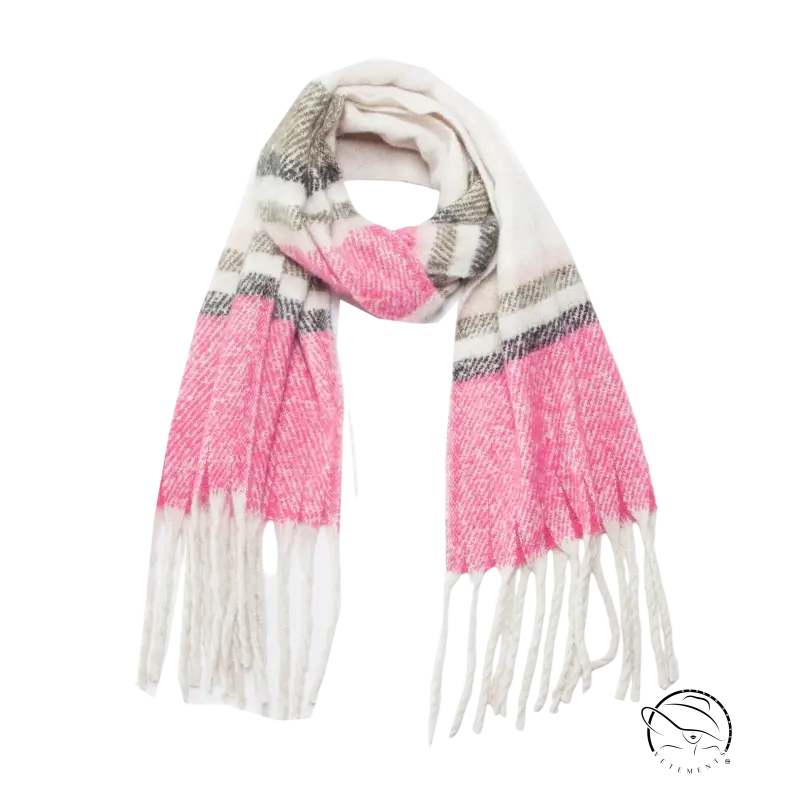 Cozy warm wool scarf in pink and cream plaid with fringe detailing