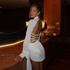 Langry fashion white lace-up slim fit hip dress with open back and long sleeves