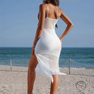 Stunning beach cover up maxi dress in white crochet with spaghetti straps