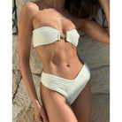 Elegant White Ruched Bikini with Gold Centerpiece, perfect for summer fashion ملابس