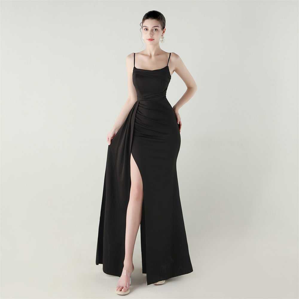 Elegant langry black satin mermaid gown with high slit, fashion evening dress