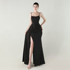 Elegant langry black satin mermaid gown with high slit, fashion evening dress