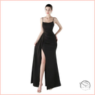 Elegant langry black satin mermaid gown with high slit, square neckline, spaghetti straps