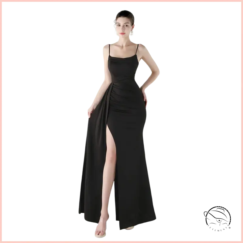 Elegant langry black satin mermaid gown with high slit, square neckline, spaghetti straps