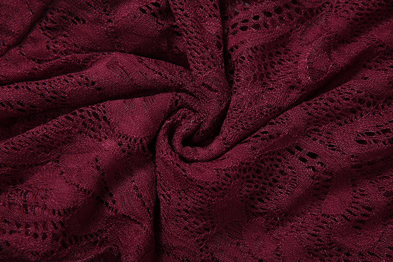 Elegant slim fit tube top dress in burgundy lace with floral pattern