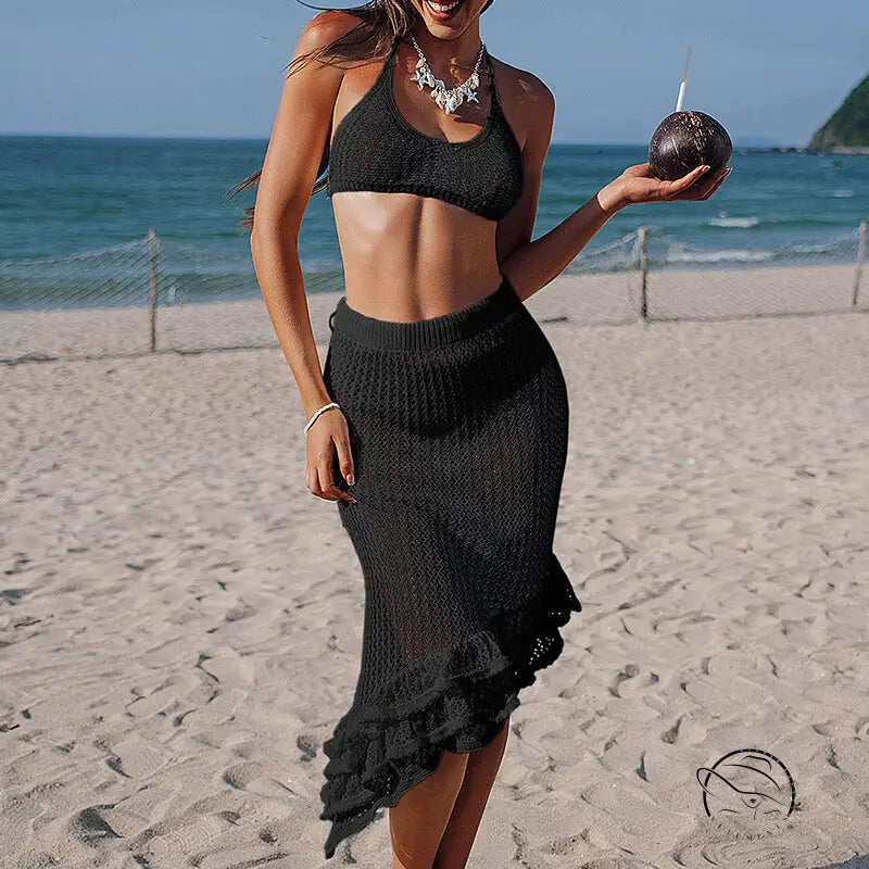 Black three layer lotus beveled beachwear set with crop top and ruffled skirt