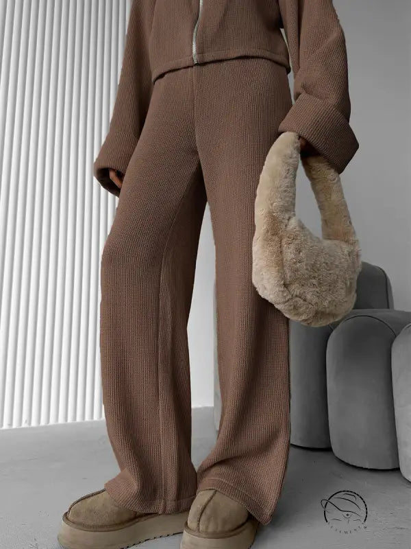 Brown textured sweater with fluffy handbag in enchanting langry fashion ملابس