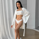 Langry white satin robe with ruffled edges in fashion nightgown set