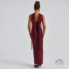 Burgundy sleeveless langry fashion gown with sheer overlay