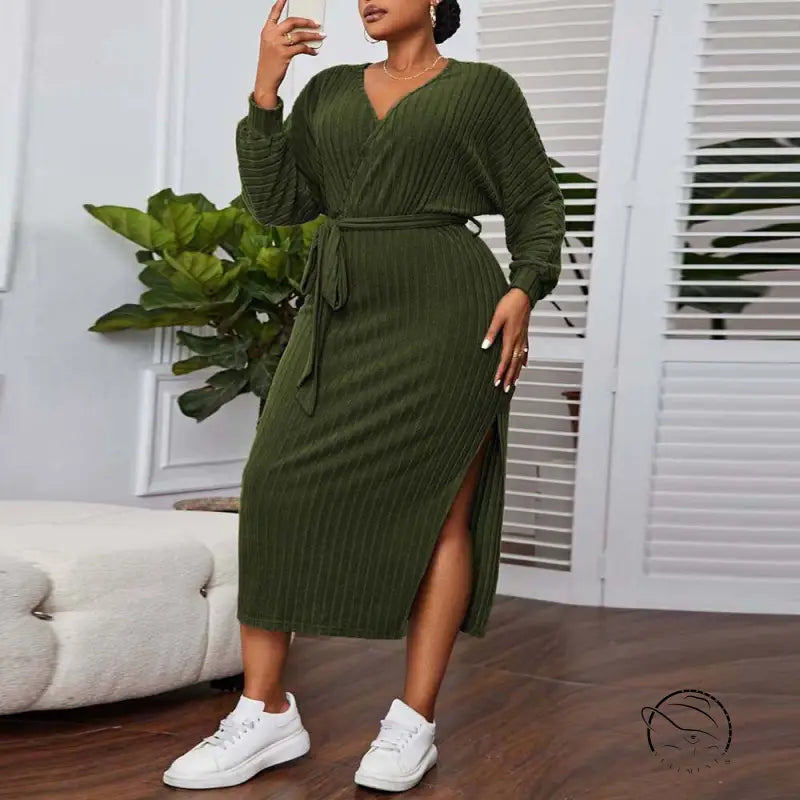 Elegant olive green ribbed knit A-line midi dress with V-neck and tie-waist