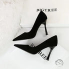 Black suede pointed-toe stiletto heels from Langry fashion