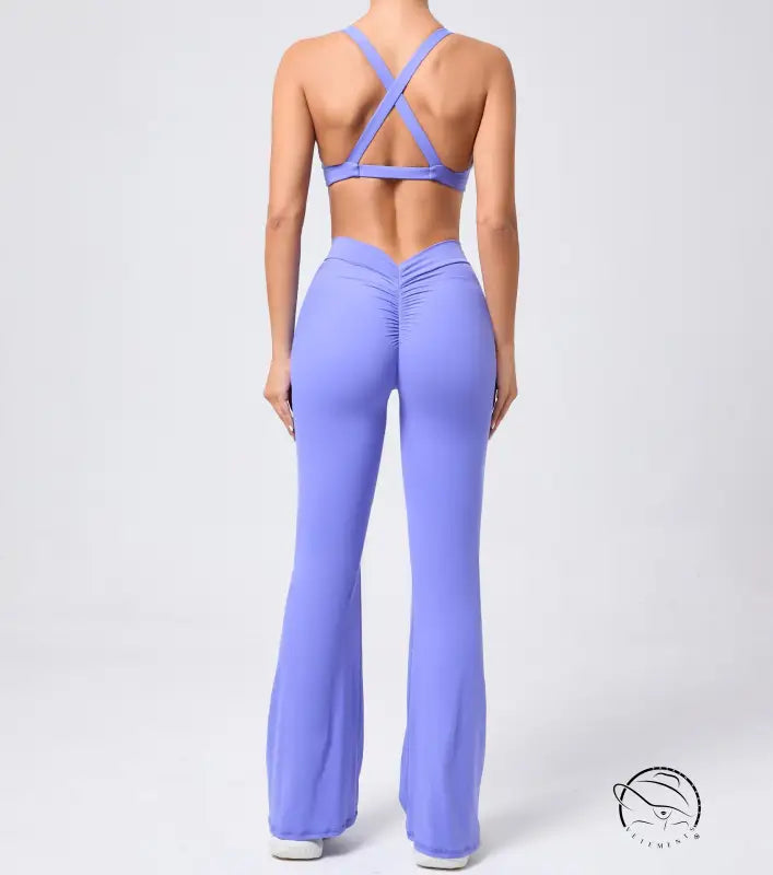 Peach tight brushed yoga hip raise backless jumpsuit with ruched details