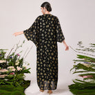Black floral print silk kimono dress with bell sleeves and V-neck by Langry fashion