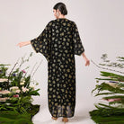 Elegant langry fashion black floral silk kimono dress with bell sleeves