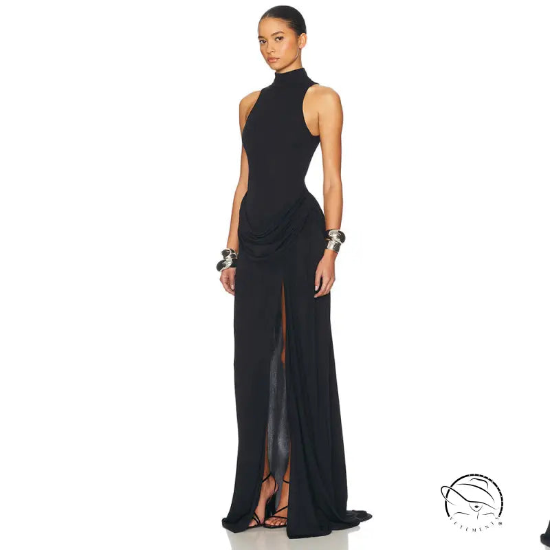 Black high-neck sleeveless gown with tight waist, high split, and draped detail
