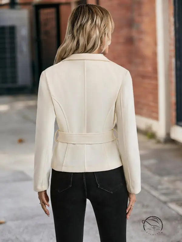 Langry fashion cream blazer with belted waist and woolen coat details
