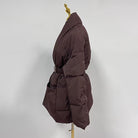 Elegant Langry brown puffer jacket with silver buckle, pockets, fashion ملابس