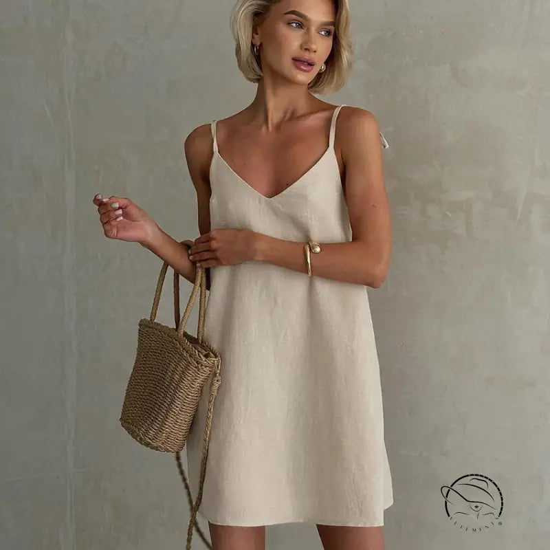 Casual backless cotton home wear slip dress with straw bag