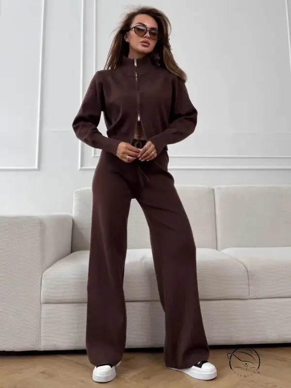 Langry fashion brown zip-up tracksuit with wide-leg pants and white sneakers