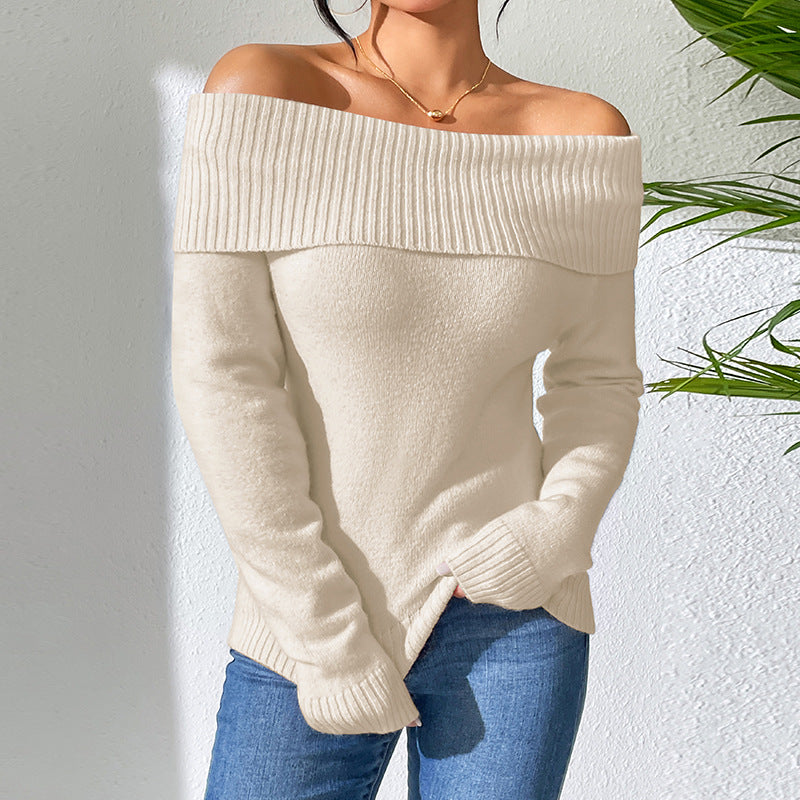 Off-the-shoulder knitted solid color bottoming sweater for stylish casual wear