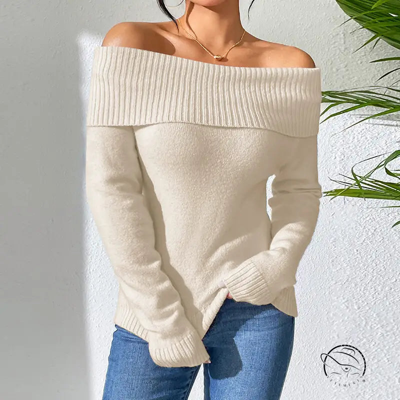 Off-the-shoulder knitted solid color bottoming sweater