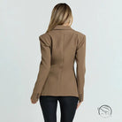 Camel-colored slim fit blazer with double-breasted front and notched lapels