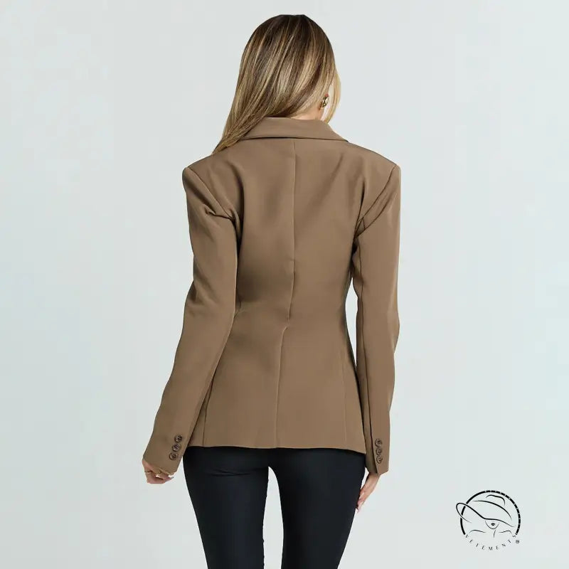 Camel-colored slim fit blazer with double-breasted front and notched lapels