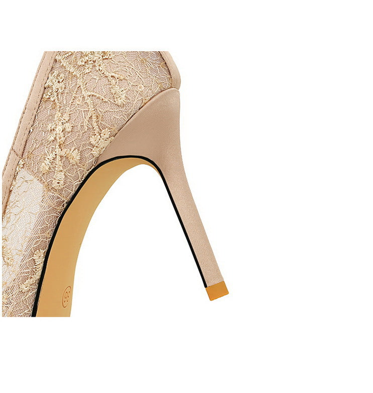 Cocktail High Heel Women Shoes Bow Sequined Lace Mesh Pointed Shallow Mouth Stiletto
