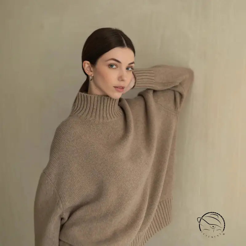 Beige oversized turtleneck sweater in Langry fashion knitwear