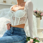 Black lace grenadine boning slim fit long-sleeve corset crop top